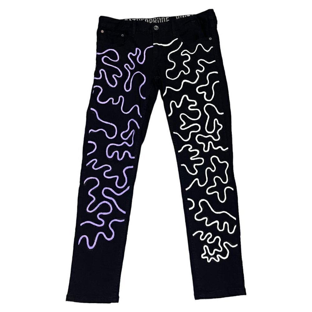 Custom Painted Haring Design Black Denim Streetwear Art Jeans - Mens 36 x 31